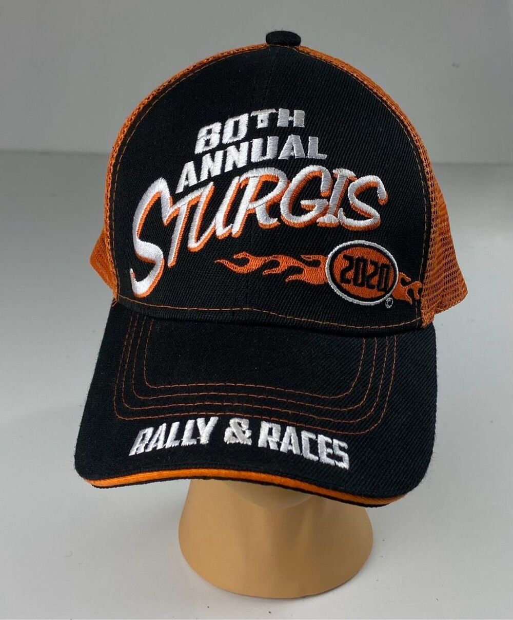 2020 80th Annual Sturgis Rally & Races Mesh Back Adjustable Hat Cap Orange Black